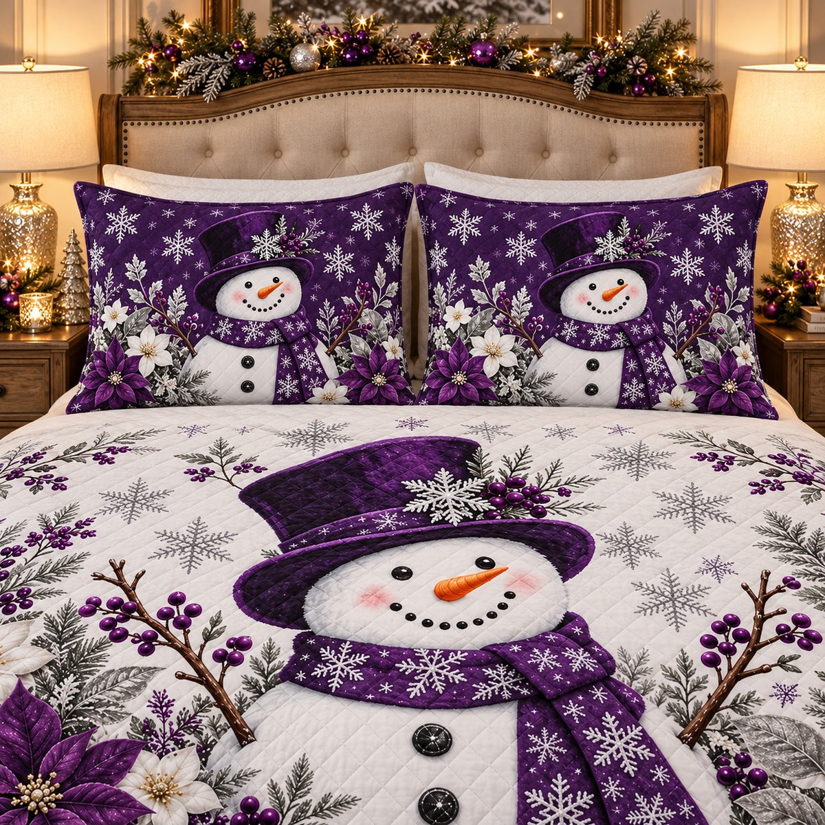 Purple Snowman and Winter Poinsettia quilt set, view 3, AI mockup