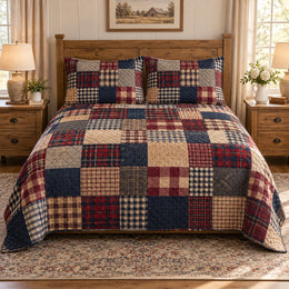 Rustic Red Navy Plaid Patchwork Quilt Set, Cozy Bedroom Bedding, Gift for Quilters