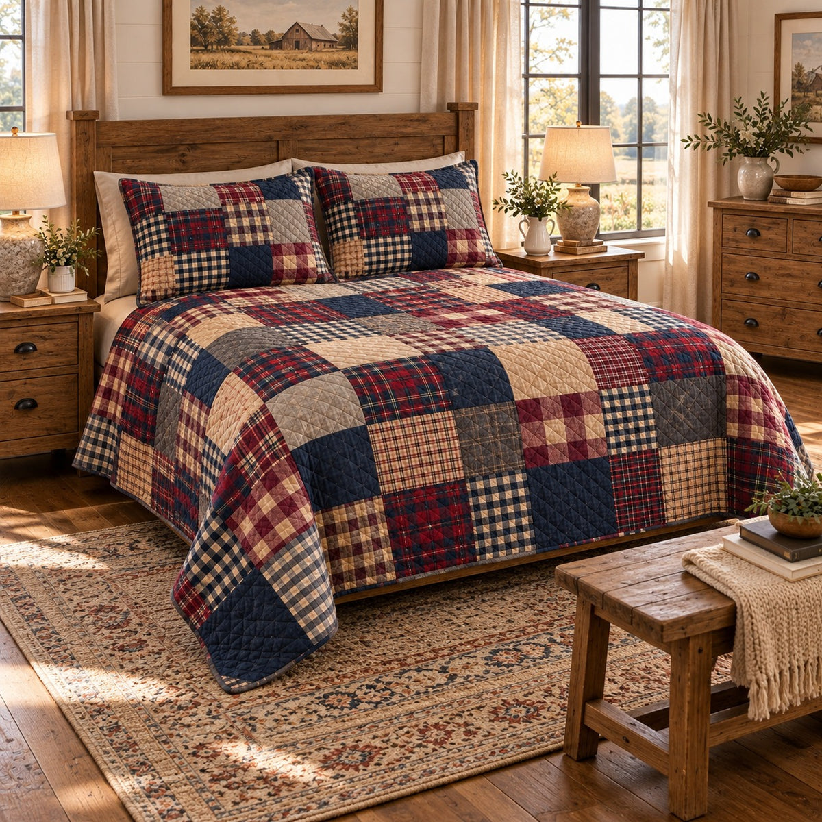 Rustic Red Navy Plaid Patchwork quilt set, view 2, AI mockup