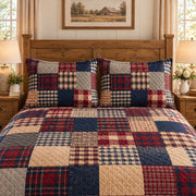 Rustic Red Navy Plaid Patchwork quilt set, view 3, AI mockup