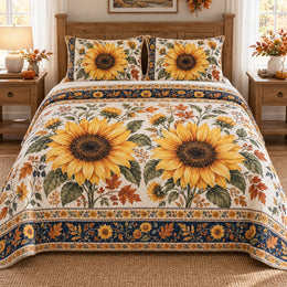 Golden Sunflower Autumn Floral Quilt Set, Cozy Bedroom Bedding, Gift for Sunflower Lovers
