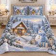 Blue Snowman Winter Cabin Quilt Set, Cozy Bedroom Bedding, Gift for Snowman Collectors