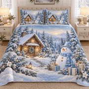 Blue Snowman Winter Cabin quilt set, view 1, AI mockup