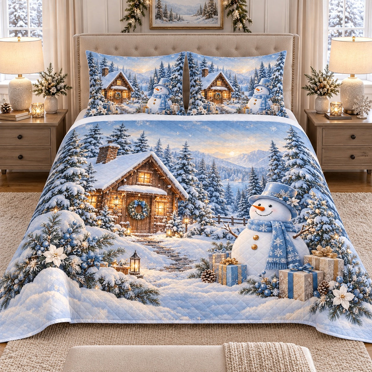 Blue Snowman Winter Cabin quilt set, view 2, AI mockup