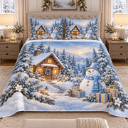 Blue Snowman Winter Cabin quilt set, view 2, AI mockup