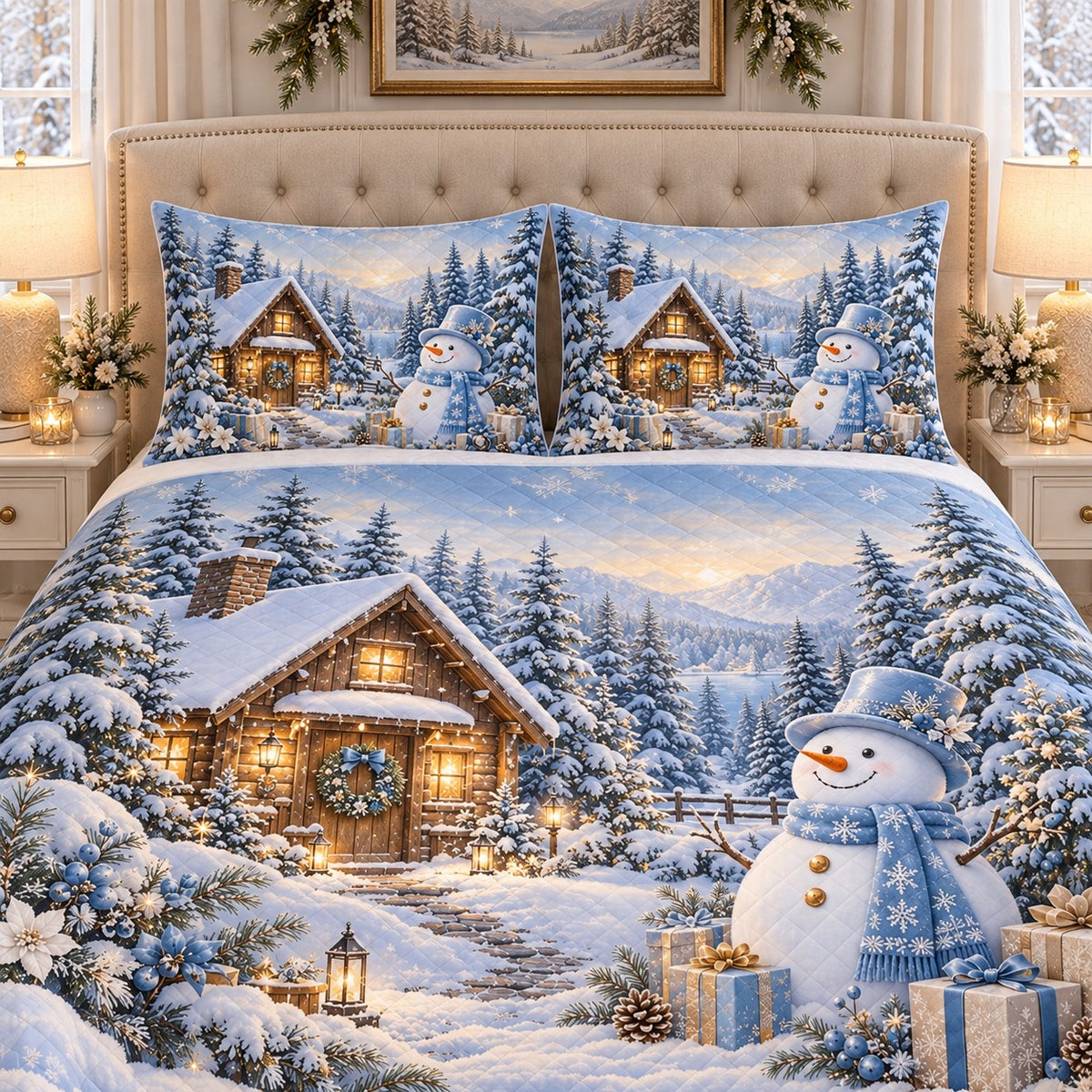 Blue Snowman Winter Cabin quilt set, view 3, AI mockup