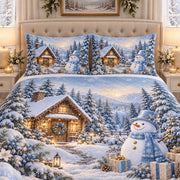 Blue Snowman Winter Cabin quilt set, view 3, AI mockup