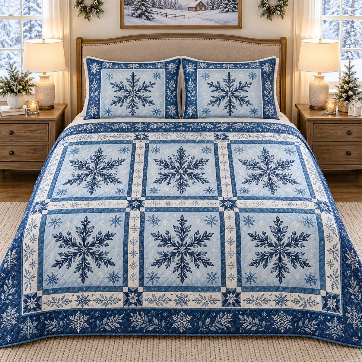 Blue Snowflake Patchwork quilt set, view 1, AI mockup