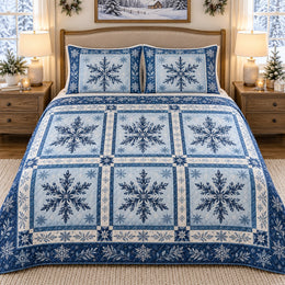 Blue Snowflake Patchwork Quilt Set, Cozy Bedroom Bedding, Gift for Winter Decor Fans