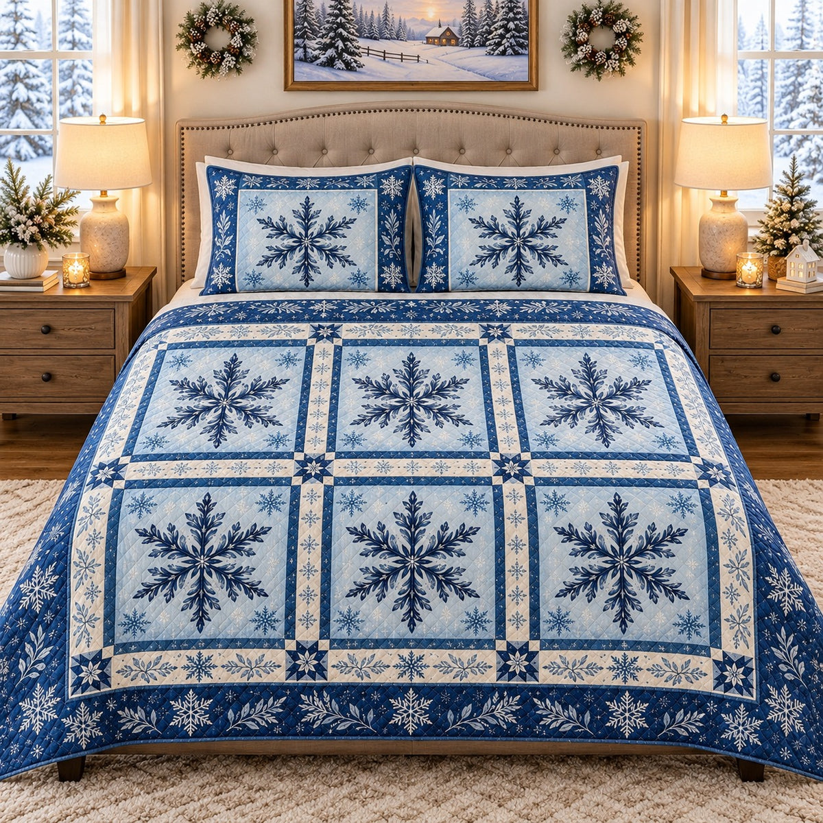 Blue Snowflake Patchwork quilt set, view 2, AI mockup