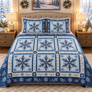 Blue Snowflake Patchwork quilt set, view 2, AI mockup