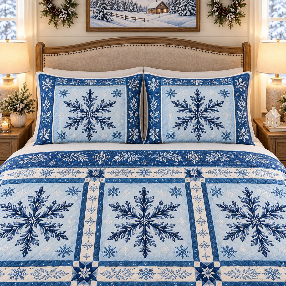 Blue Snowflake Patchwork quilt set, view 3, AI mockup