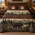 Black Bear Mountain Forest Quilt Set, Cozy Bedroom Bedding, Gift for Bear Lovers