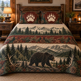 Black Bear Mountain Forest Quilt Set, Cozy Bedroom Bedding, Gift for Bear Lovers