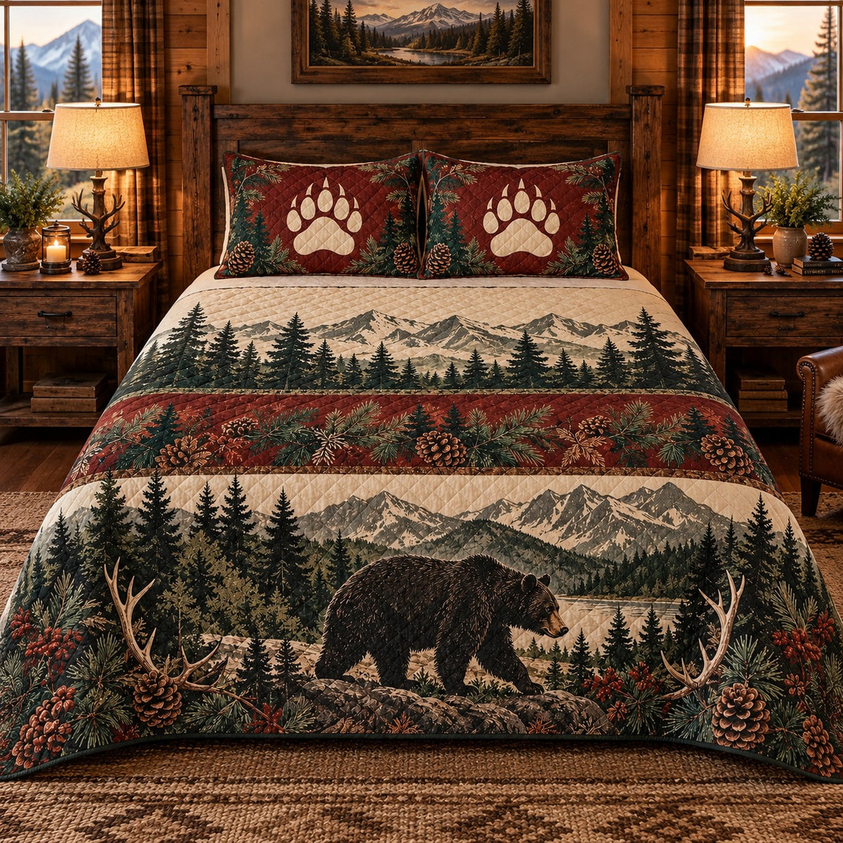 Black Bear Mountain Forest quilt set, view 2, AI mockup