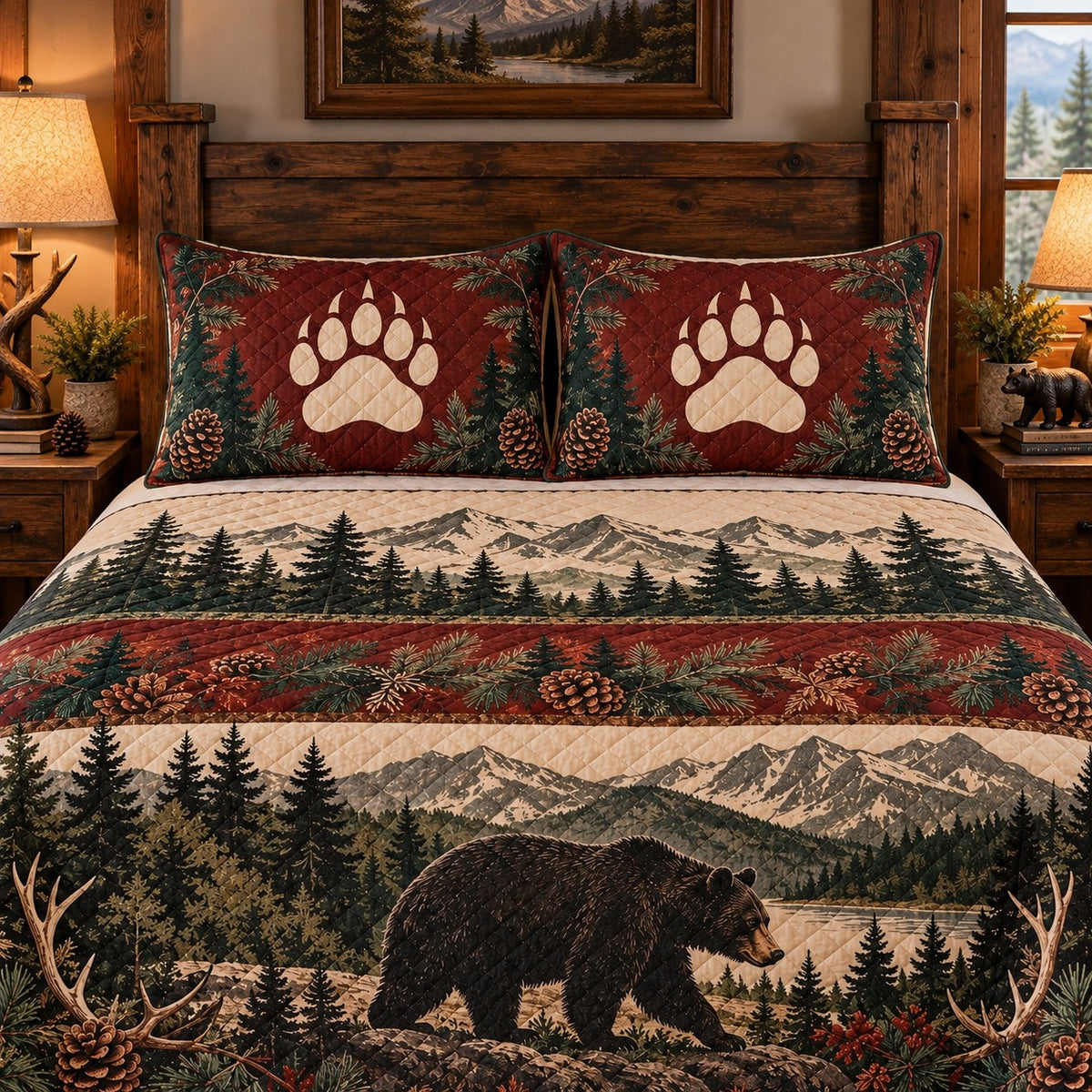 Black Bear Mountain Forest quilt set, view 3, AI mockup