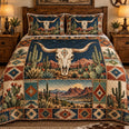 Southwestern Longhorn Skull and Cactus Quilt Set, Cozy Bedroom Bedding, Gift for Western Decor Fans