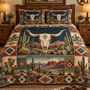 Southwestern Longhorn Skull and Cactus quilt set, view 1, AI mockup
