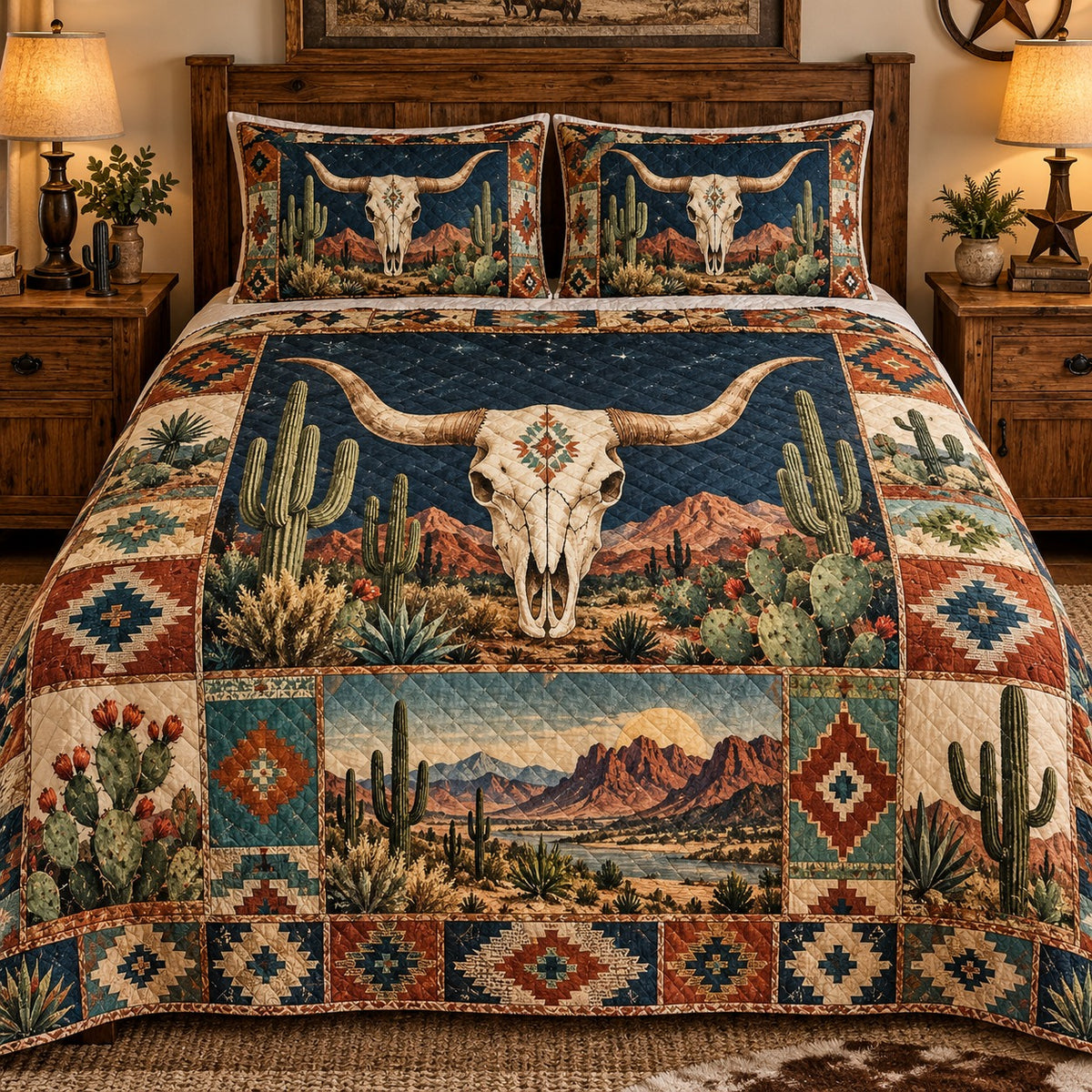 Southwestern Longhorn Skull and Cactus quilt set, view 1, AI mockup