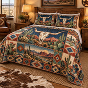 Southwestern Longhorn Skull and Cactus quilt set, view 2, AI mockup