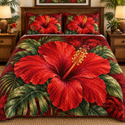 Red Hibiscus Tropical Floral quilt set, view 1, AI mockup
