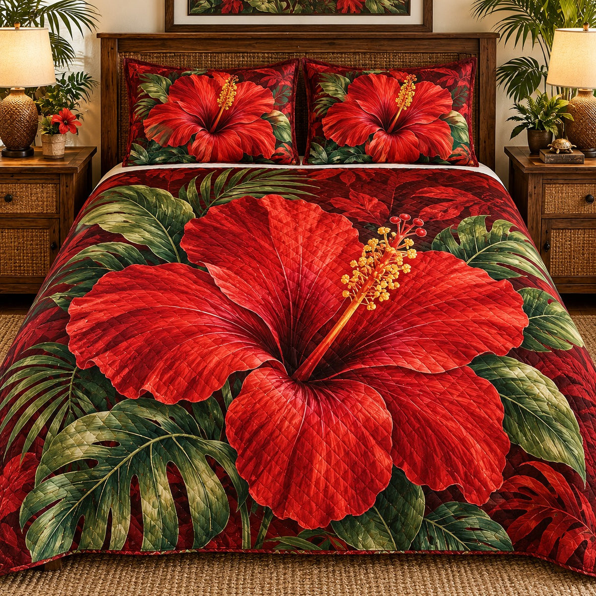Red Hibiscus Tropical Floral quilt set, view 1, AI mockup
