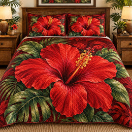 Red Hibiscus Tropical Floral Quilt Set, Cozy Bedroom Bedding, Gift for Hibiscus Lovers