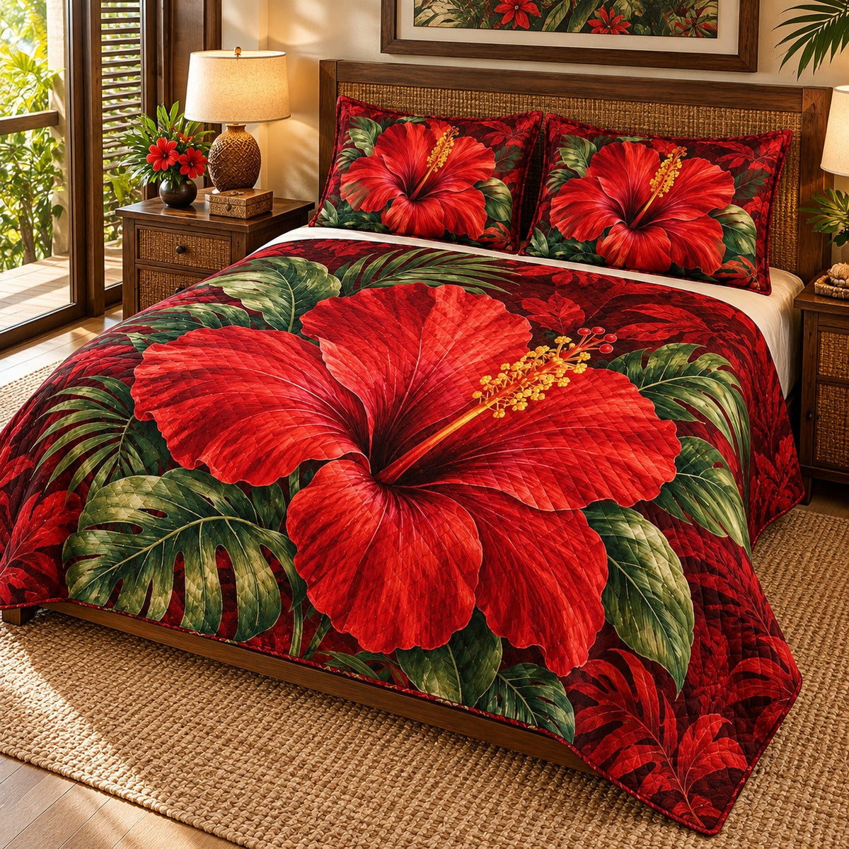 Red Hibiscus Tropical Floral quilt set, view 2, AI mockup