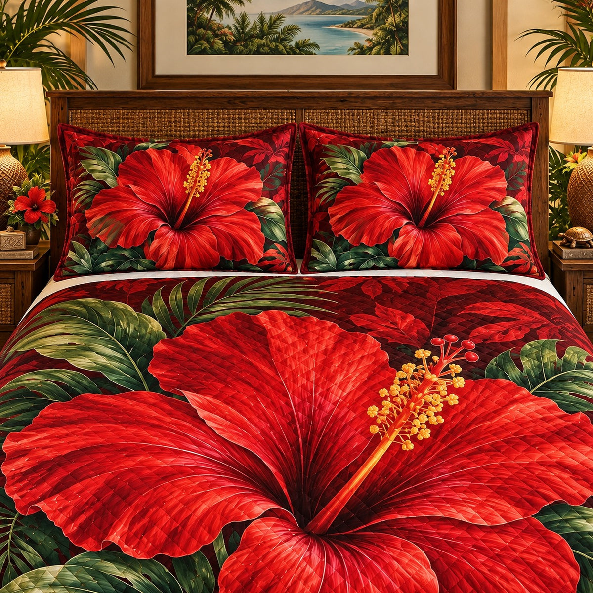 Red Hibiscus Tropical Floral quilt set, view 3, AI mockup