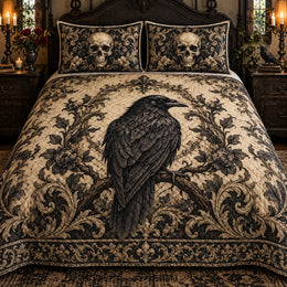 Gothic Raven and Skull Baroque Quilt Set, Cozy Bedroom Bedding, Gift for Raven Lovers