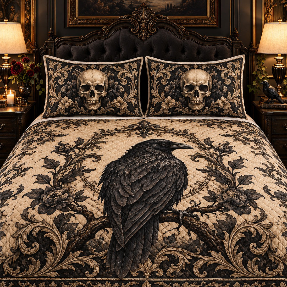Gothic Raven and Skull Baroque quilt set, view 3, AI mockup