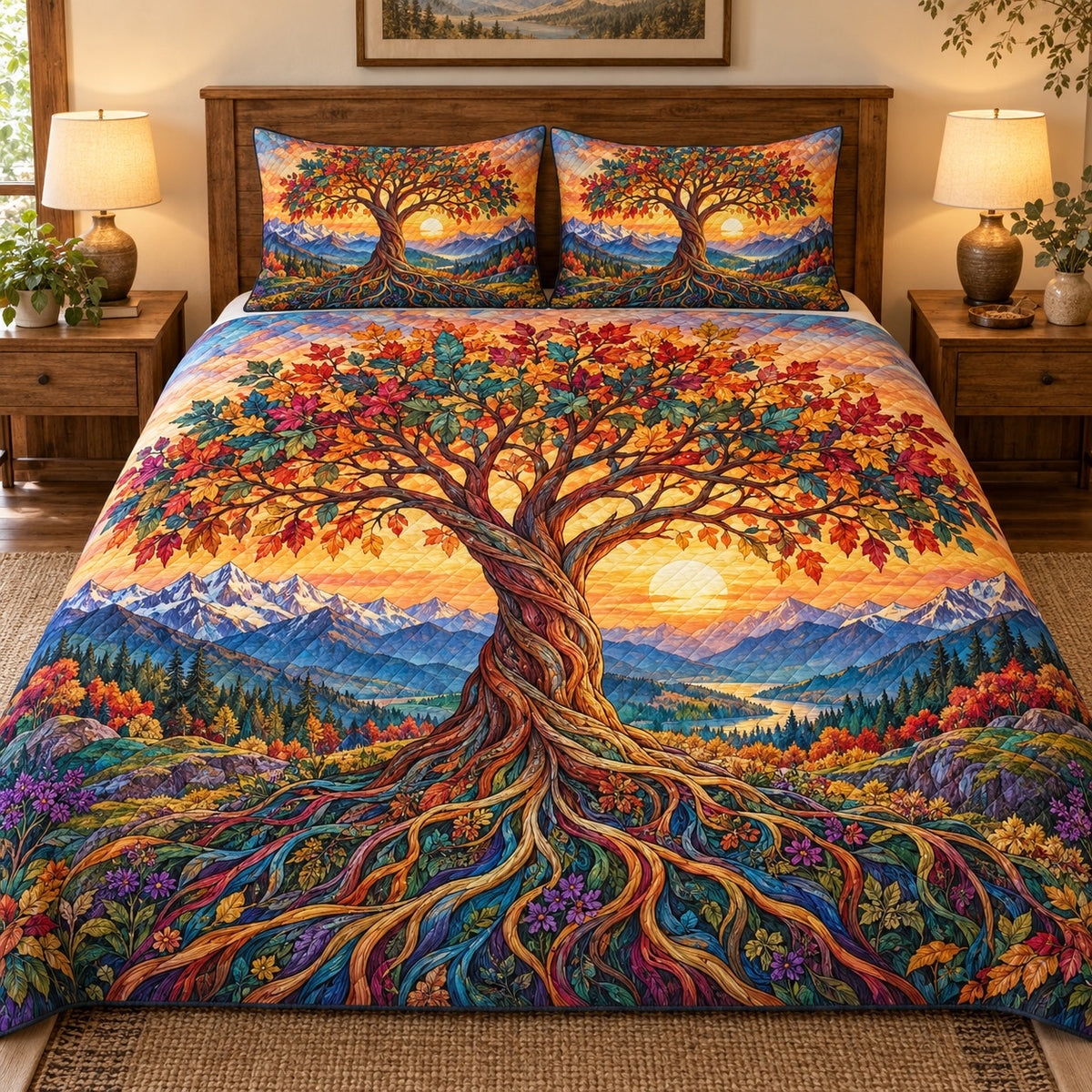 Autumn Tree of Life Mountain quilt set, view 1, AI mockup