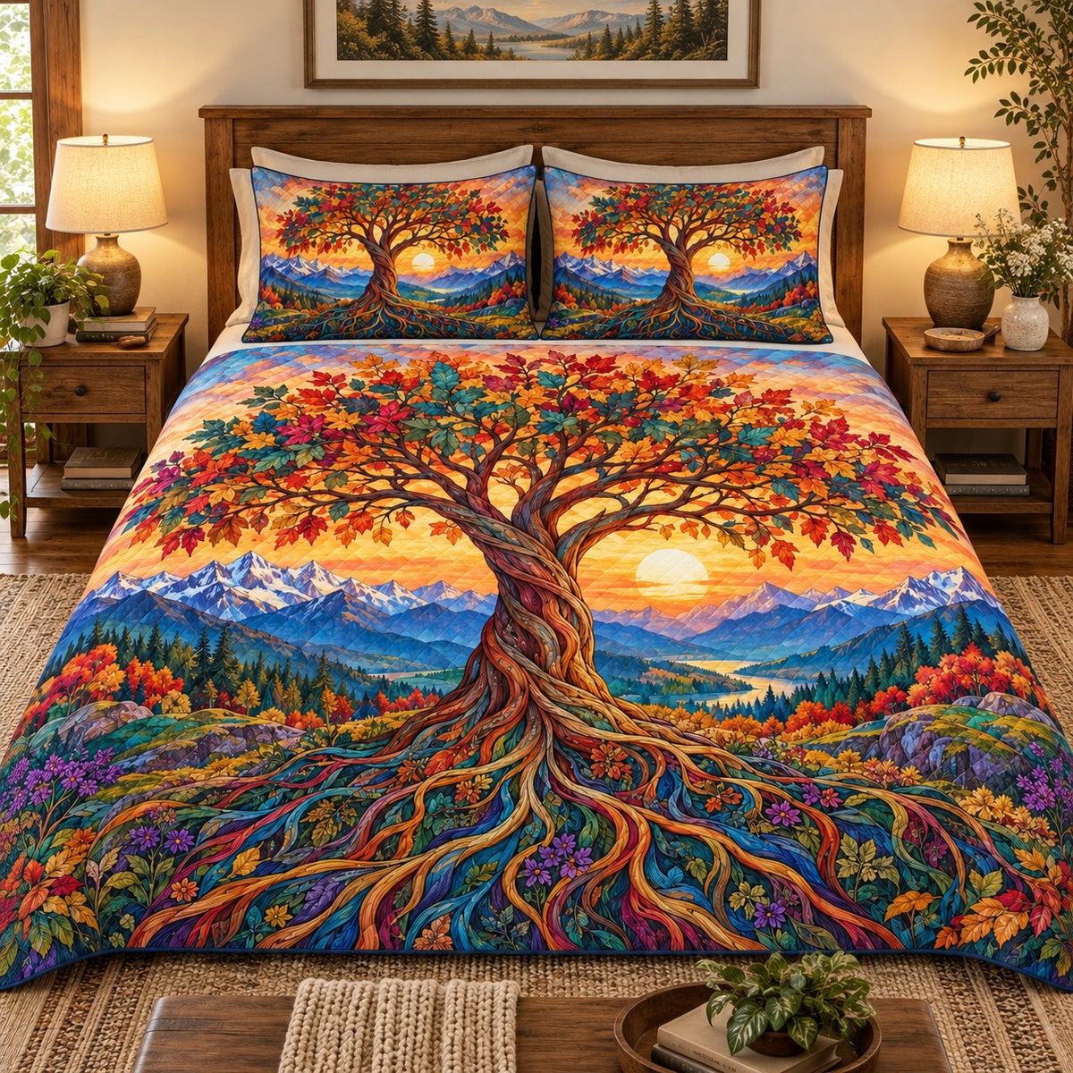 Autumn Tree of Life Mountain quilt set, view 2, AI mockup