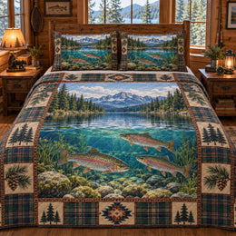Rainbow Trout Mountain Lake Quilt Set, Cozy Bedroom Bedding, Gift for Trout Anglers