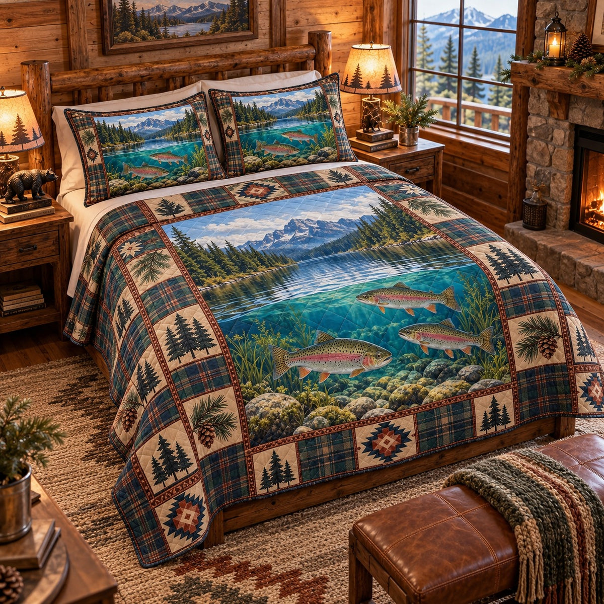 Rainbow Trout Mountain Lake quilt set, view 2, AI mockup