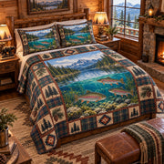 Rainbow Trout Mountain Lake quilt set, view 2, AI mockup