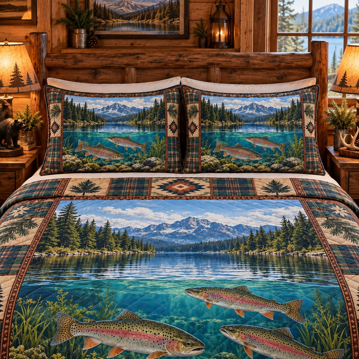 Rainbow Trout Mountain Lake quilt set, view 3, AI mockup