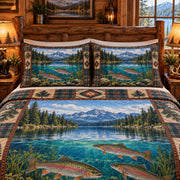 Rainbow Trout Mountain Lake quilt set, view 3, AI mockup