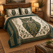 Celtic Owl and Oak Leaves quilt set, view 2, AI mockup