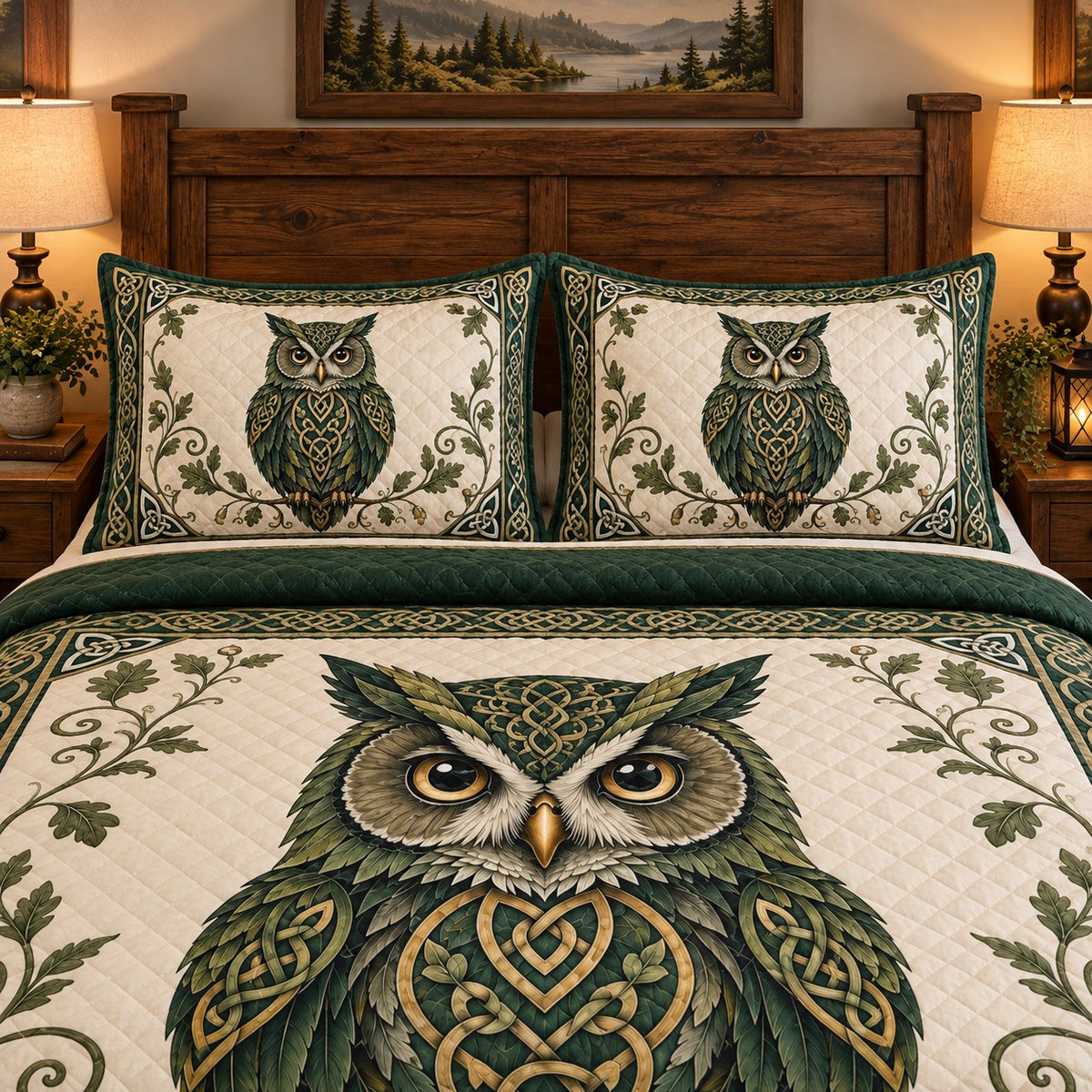 Celtic Owl and Oak Leaves quilt set, view 3, AI mockup