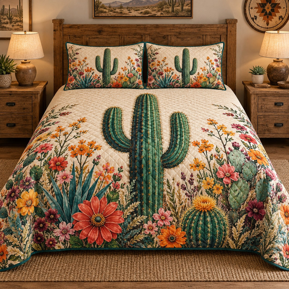 Desert Saguaro Cactus Blooms quilt set, view 1, AI mockup