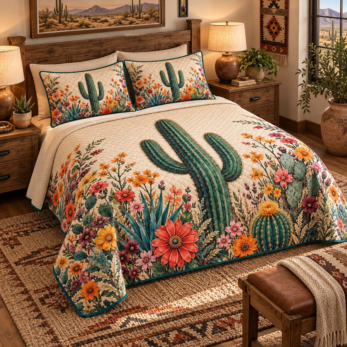 Desert Saguaro Cactus Blooms quilt set, view 2, AI mockup