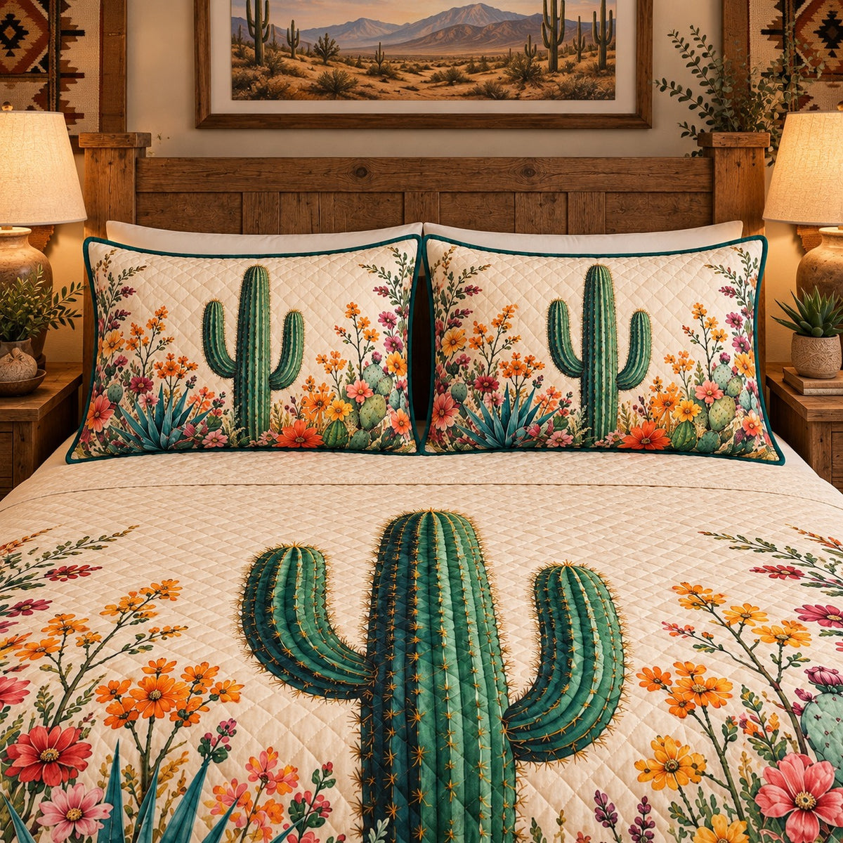 Desert Saguaro Cactus Blooms quilt set, view 3, AI mockup