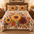 Autumn Sunflower and Maple Leaves Quilt Set, Cozy Bedroom Bedding, Gift for Sunflower Lovers