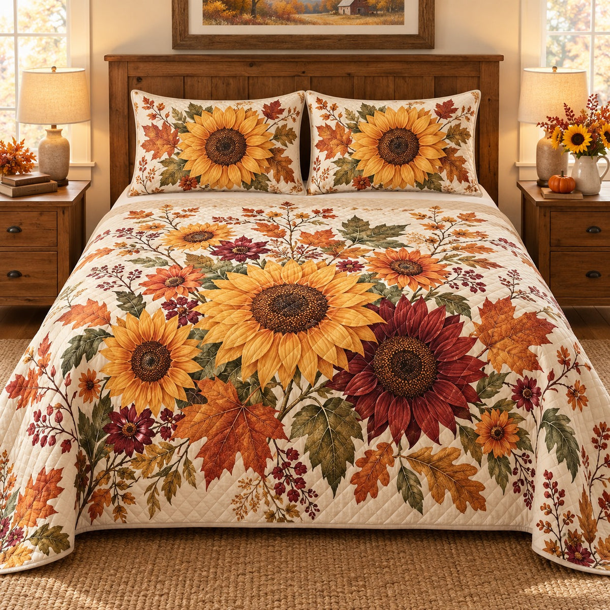 Autumn Sunflower and Maple Leaves quilt set, view 1, AI mockup