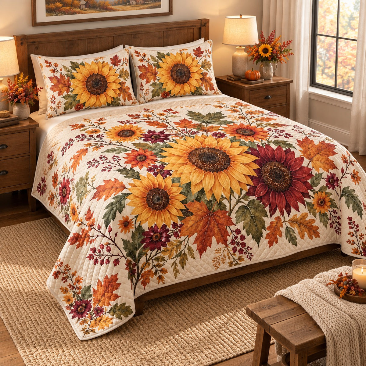 Autumn Sunflower and Maple Leaves quilt set, view 2, AI mockup