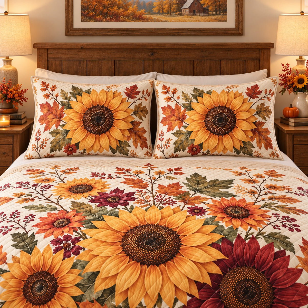 Autumn Sunflower and Maple Leaves quilt set, view 3, AI mockup