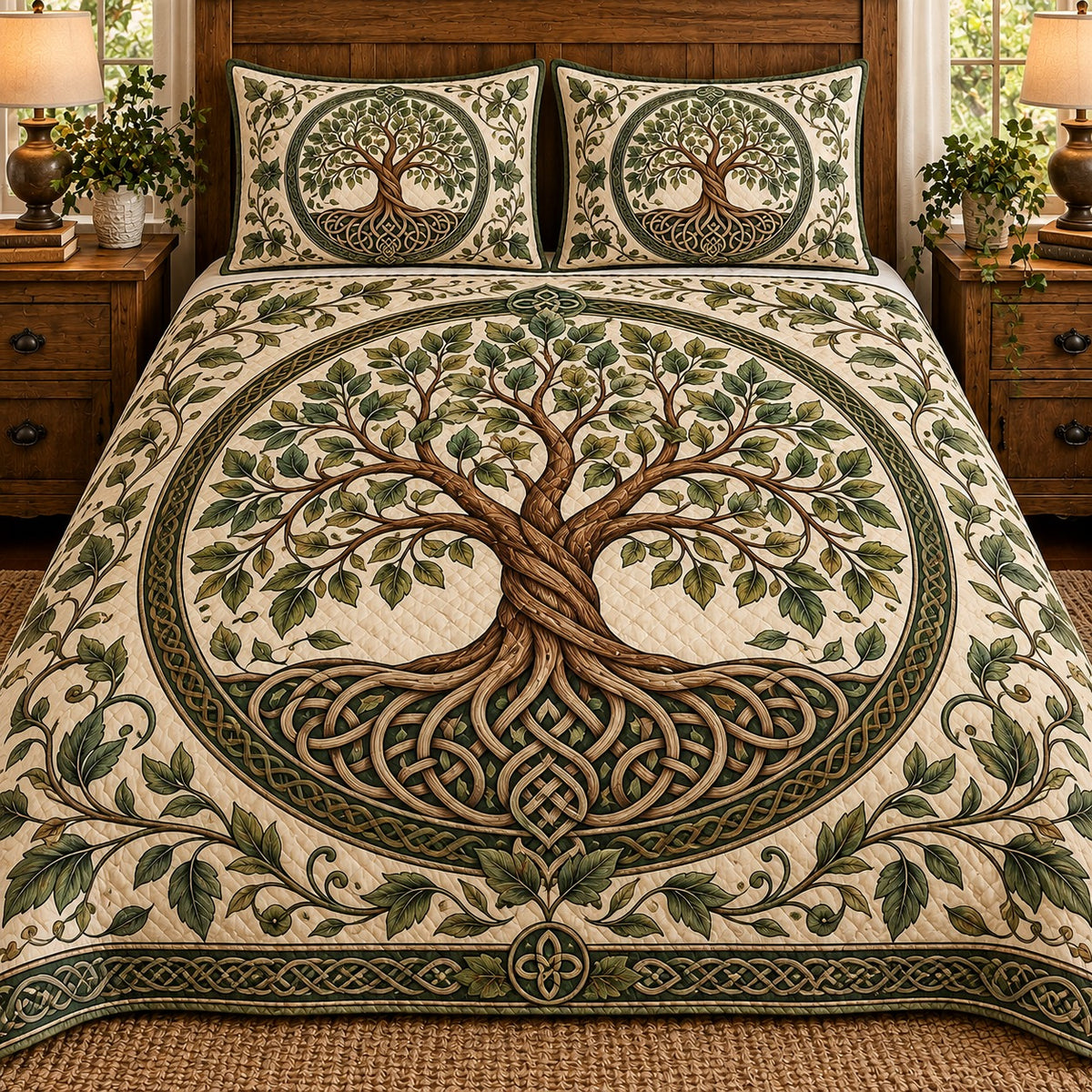Celtic Tree of Life Green quilt set, view 1, AI mockup