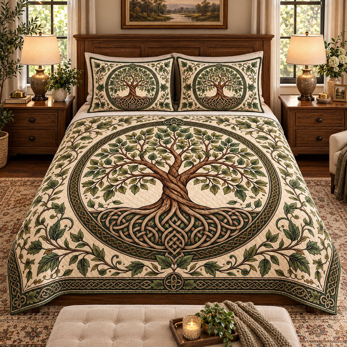 Celtic Tree of Life Green quilt set, view 2, AI mockup