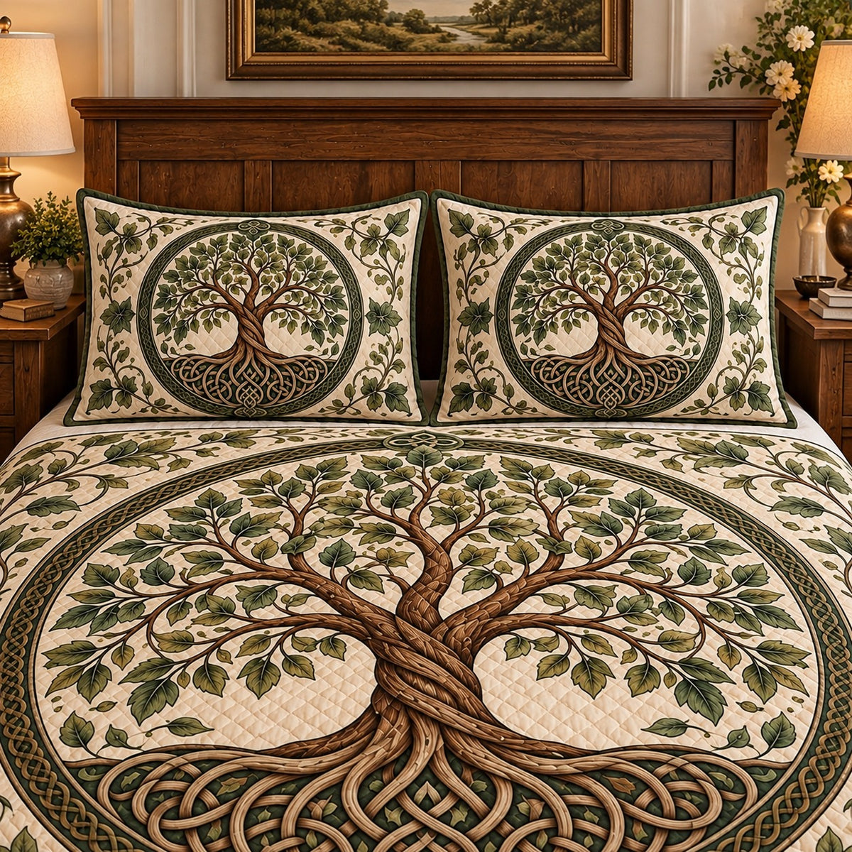 Celtic Tree of Life Green quilt set, view 3, AI mockup